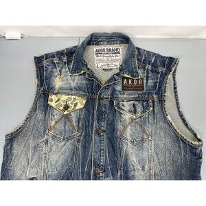 Akoo Brand Jean Vest Denim Camo Distressed Biker Hip Hop Streetwear Mens 3XL